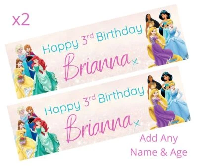 2 x Personalised Disney Princesses Birthday Banner LARGE Kids Party Poster