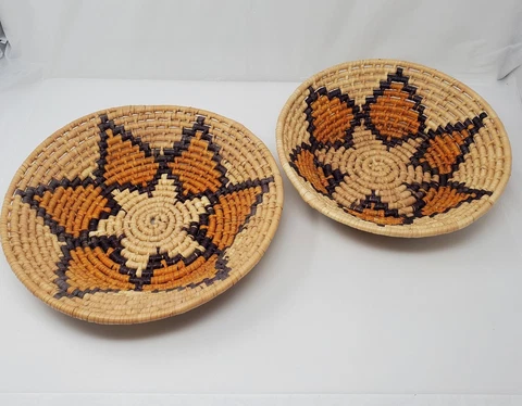 Pair of 2 Woven Coil Baskets Native American Design 10" - 12" Cover