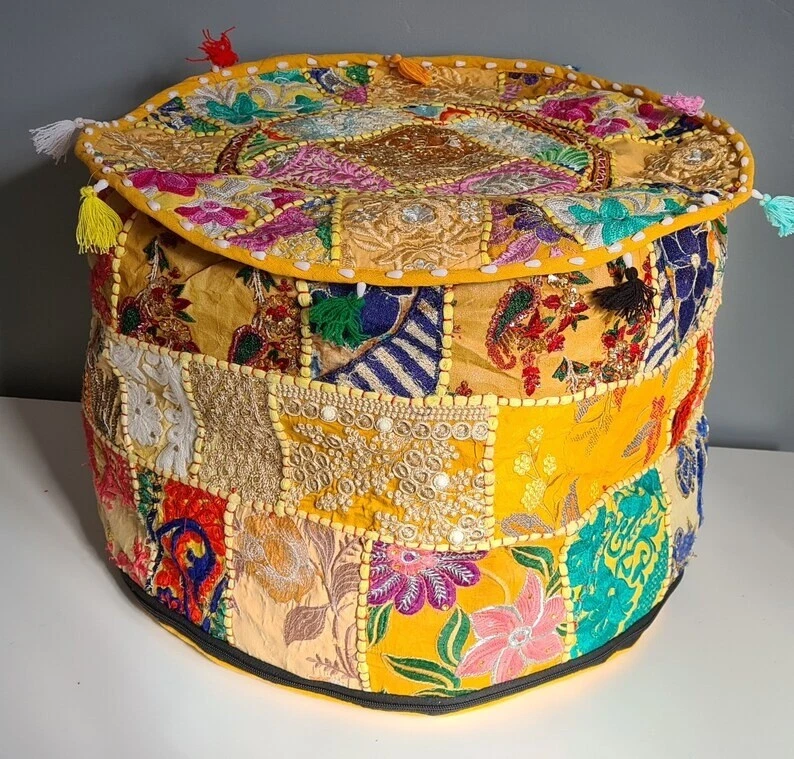 INDIAN PATCHWORK HANDMADE COTTON POUFS COVER VINTAGE OTTOMAN ROUND POUF ETHNIC - Image 1 of 1