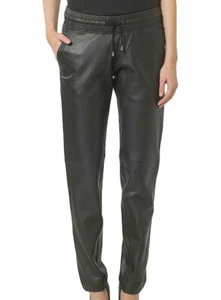 GYM DRAWSTRING Black Leather Pants Genuine Lambskin Leather Trousers Pant - 020 - Picture 1 of 4