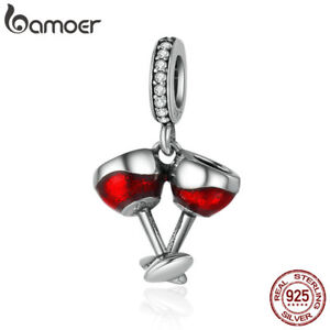 BAMOER S925 Sterling silver Charm Red wine glass Dangle For bracelet Jewelry