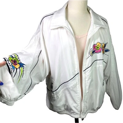 Vintage Kaelin white jacket colorful embroidery flowers Y2K 90s clean unique Lg - Image 1 of 4