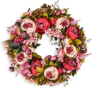 Artificial Peony Flower Wreath 19Inch Vintage Blooming Silk Peonies Spring Summe - Picture 1 of 7