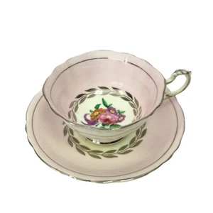 Paragon China TEACUP & SAUCER Pink w/ Flowers Silver Tone Accent Leaves Rose - Picture 1 of 12