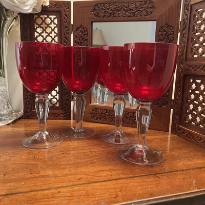 Set Of 4 Vintage Ruby Red Stemmed Studio Wine Elegant Glasses - Image 1 of 4