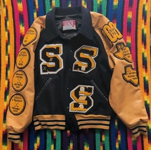 Vtg 90s 00 Trophy Jacket Varsity Large Letter Wool Leather USA Texas Golf - Picture 1 of 10
