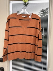 Loft Burnt Sienna Black Stripes Pullover Sweater Size S V-Neck - Picture 1 of 3