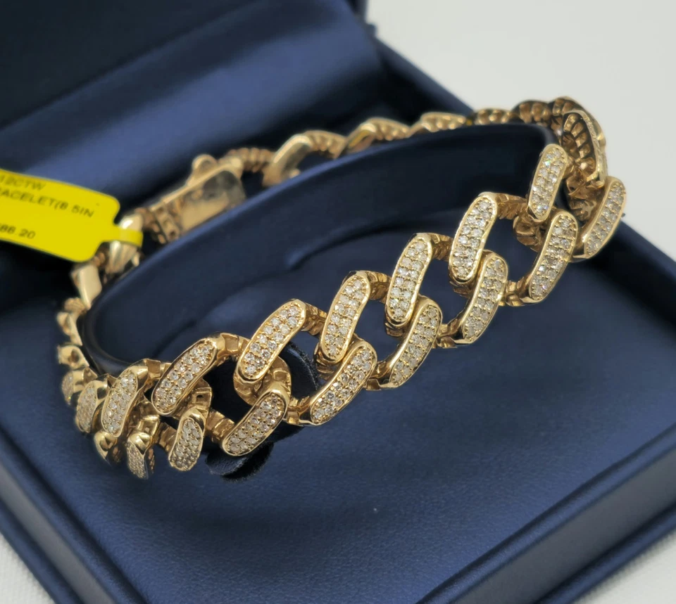 Brazalete de tenis de eslabones cubanos de diamantes genuinos de 5 quilates de oro amarillo sólido de 10 k para hombre 36 gramos Foto 1 de 1
