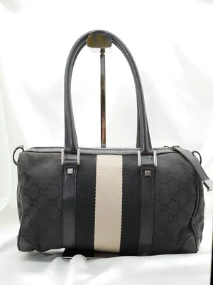 Auth Gucci handbag GG canvas Sherry line black white travel bag boston #6032P - Image 1 of 4