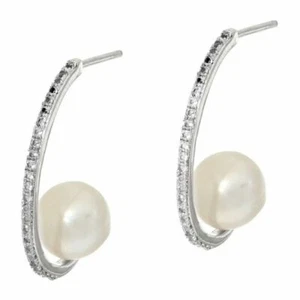 Honora Cultured white Pearl & Pave Set Topaz in Rhodium HooP Earrings new $89 - Picture 1 of 4