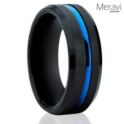 🔥 Anillos para hombre línea a rayas azules alianzas de boda para hombre anillos de tungsteno negro para hombre Foto 1 de 4