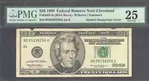 $20 1999 FRN, Fr. 2086-D Tough Engraving Error District Designator PMG VF 25 - Picture 1 of 3