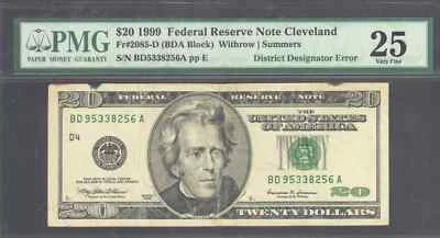 $20 1999 FRN, Fr. 2086-D  Tough Engraving Error  District Designator PMG VF 25 - Image 1 of 3