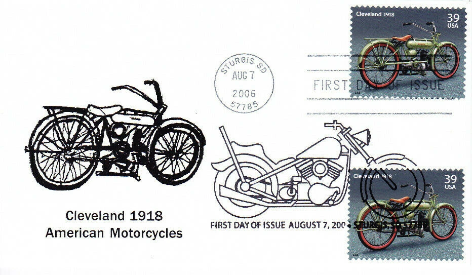 FDC #4086  (4085-4088) Motorcycles - Cleveland 2 Stamps 2 Diff 1st Day Cancels - Image 1 of 1