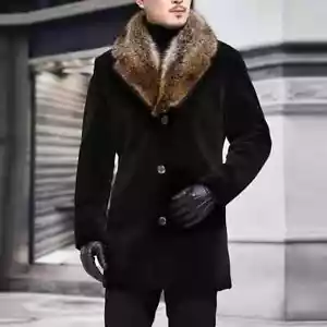 Faux Fur Collar Men Woolen Coat Thick Turn-down Collar Single-breasted Slim Fit - Picture 1 of 24