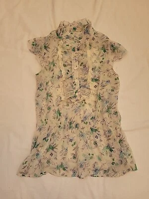 Guess White Floral Short Sleeve Blouse Girls Large 14 Sheer - Image 1 of 4