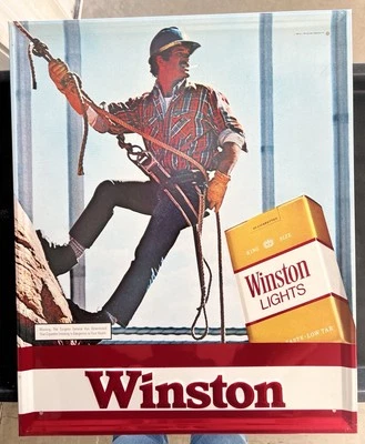 Placa de metal vintage 1980 Winston cigarros construção aço trabalhador Lineman - Imagem 1 de 4