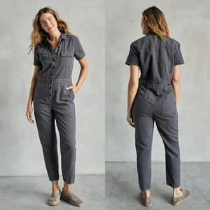 Outerknown S.E.A. Leinen Utility Jumpsuit Damen mittelgrau Knopf Kurzarm - Bild 1 von 5