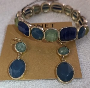 Monet JCP Faceted Blue Green Glass Goldtone Stretch Bracelet & Dangle Earrings - Picture 1 of 7