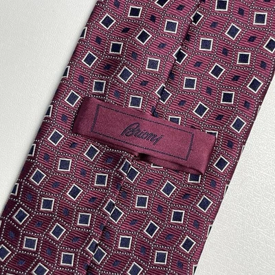 Brioni Seta Silk Neck Tie Burgundy Navy Blue Squares Geometric Italy Handmade - Image 1 of 4