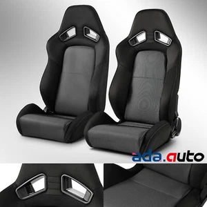 Black+Grey Mesh PVC Reclinable Universal Racing Seats Pair Left/Right W/Slider - Picture 1 of 7