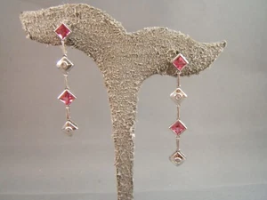 14K Solid White Gold Pink Sapphire White Topaz Dangle Earrings Post Backs ADL - Picture 1 of 8