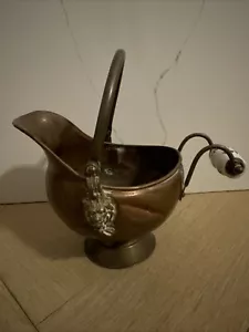 Vtg Antique Copper Brass Coal Ash Scuttle Bucket W/ Delft Blue Porcelain Handle - Picture 1 of 7