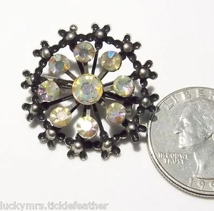 Vintage Pin/Brooch, AB Crystals & Black Enamel Layered Round Spoked Wheel, 1" - Picture 1 of 2