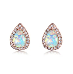 Handmade Jewelry White Fire Opal Gems Rose Gold Plated Silver Stud Drop Earrings - Picture 1 of 4