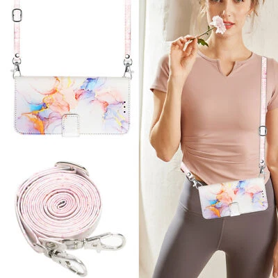 Lanyard Marble Leather Wallet Phone Case for iPhone 13 12 11 14 Max XR XS 7 8 SE - Image 1 of 4