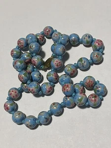 Hand Painted Faux Cloisonné Bead Necklace Blue Pink Gold Plated Box Clasp 24” - Picture 1 of 9