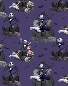 NIGHTMARE BEFORE CHRISTMAS COTTON FABRIC DISNEY JACK SALLY 1 Yard Precuts - Picture 1 of 2