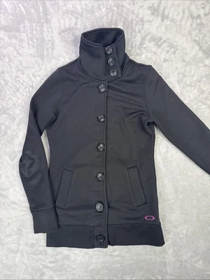 Jaqueta feminina Oakley preta com botão no pescoço funil tamanho XS logotipo rosa casaco de lã - Imagem 1 de 4