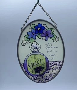 Vintage Joan Baker Painted Stain Glass Art Violets Grandma Suncatcher 4.75” - Picture 1 of 8