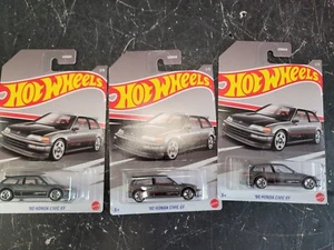 Lot 3 Hot Wheels ‘90 Honda Civic EF VTEC HATCHBACK Walmart Exclusive Black Gray - Picture 1 of 3