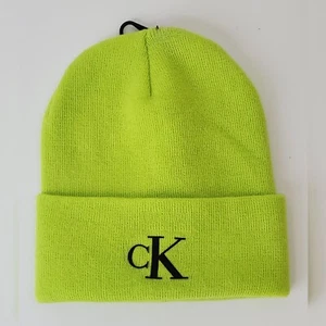 CALVIN KLEIN BEANIE MÜTZE HERREN BESTICKT MONOGRAMM LOGO SCHWARZ ONESIZE GRÜN NEON - Bild 1 von 6
