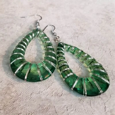 Handcrafted Retro 80s Statement Green Lucite Open Teardrop Wire Wrapped Earrings - Image 1 of 4
