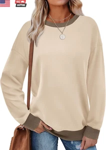Sweatshirts for Women Crewneck Long Sleeve Loose Fit Tops Color Block Ribbed Tri - Picture 1 of 4