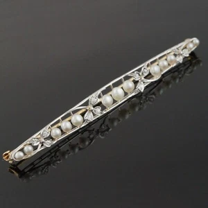 c1915 Edwardian Solid 14K & Platinum Top, Pearl, .36 CTW Diamond Filigree Brooch - Picture 1 of 7