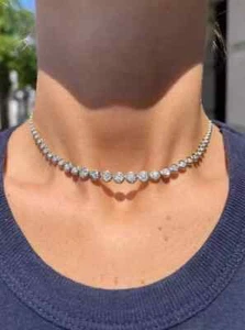 15.00Ct Round Cut Lab Created Bezel Choker Tennis Necklace 14K White Gold Plated - Picture 1 of 8