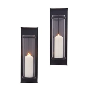 Danya B Metal Pillar Candle Sconces with Glass Inserts - A Wrought Iron Recta... - Picture 1 of 7
