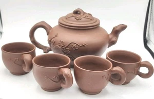Yixing Zisha Chinese Clay Teapot Handmade W 4 Teacups Vtg Plum Blossom - Picture 1 of 24