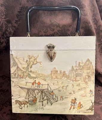 VTG Winter Scene Decoupage Wood Box Lucite Handle Handbag Purse Felt Lining - Image 1 of 4