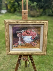 Vintage Framed Oil On Board Wine & Strawberries Food Fruit Painting Gold Frame - Picture 1 of 6