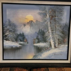 PAINTING Artist R. THOMAS OIL ON CANVAS SNOW MOUNTAIN LANDSCAPE 29"x25" Framed - Picture 1 of 5