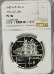 1985 MALTA SILVER 5 LIRI MARITIME HISTORY 1862 MALTA NGC PL 68 HIGH GRADE SCARCE - Picture 1 of 4