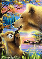 Limited Edition ACEO PRINT Mother Baby Bear Cub Cute Wildlife Fall M. Mishkova