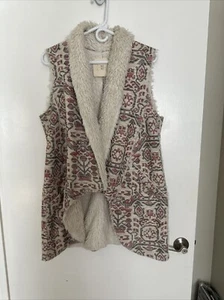 Hei Hei Anthropologie Jacquard Sherpa Lined Long Vest Sz L Red White Open Front - Picture 1 of 8