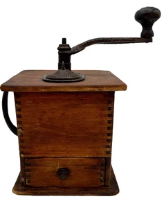Antiq 1800's Castiron Hand Crank & Handle CoffeeMill Dovetail Box & Wood Drawer - Picture 1 of 17