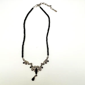 1928 Schmuck schwarze Perlenkette Silber filigran Anhänger viktorianisch Gothic Vintage - Bild 1 von 5